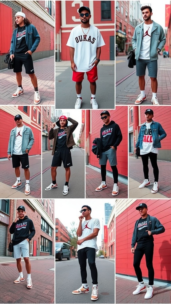 Collage of 11 Jordan-inspired outfits with various clothing styles and Air Jordan sneakers.